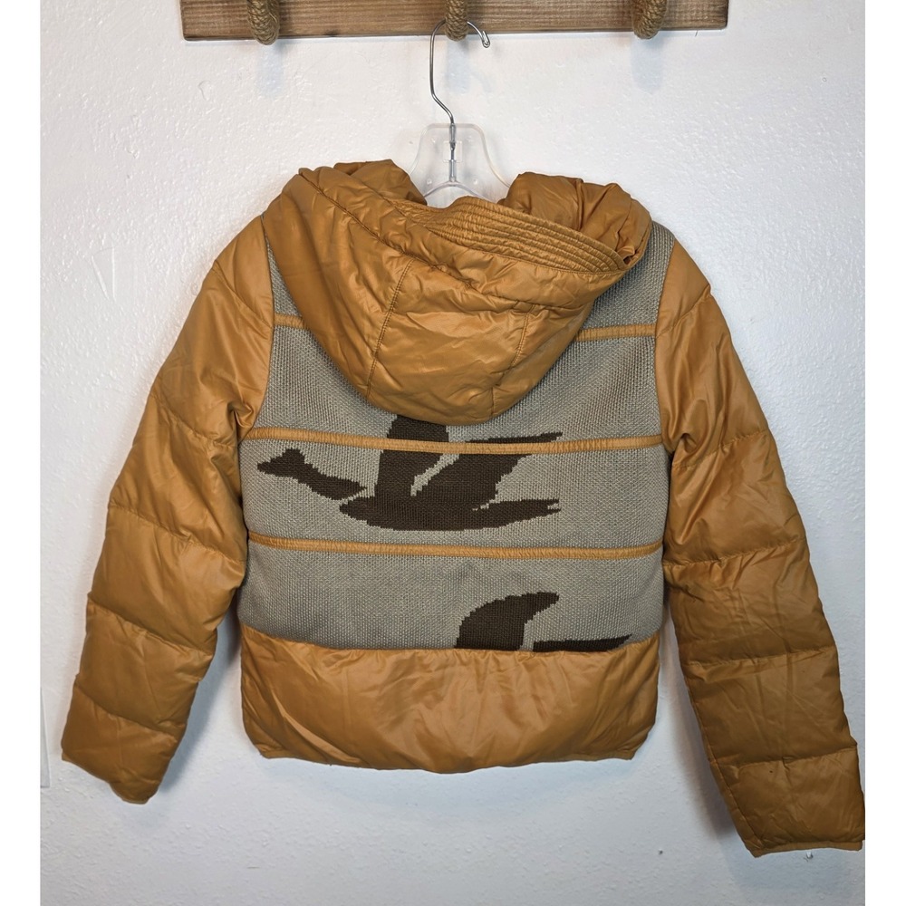 Eral Coat Womens Small Down Puffer Orange Woven Bird Design Back